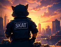 SKAT seen from behind, watching over the city