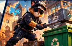 SKAT smashing rugs into a recycling bin