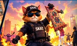 SKAT holding up a defeated rug in front of an explosion